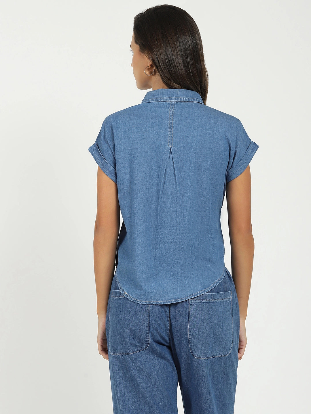 Blue Solid Cotton Loose Fit Shirt - Global Republic
