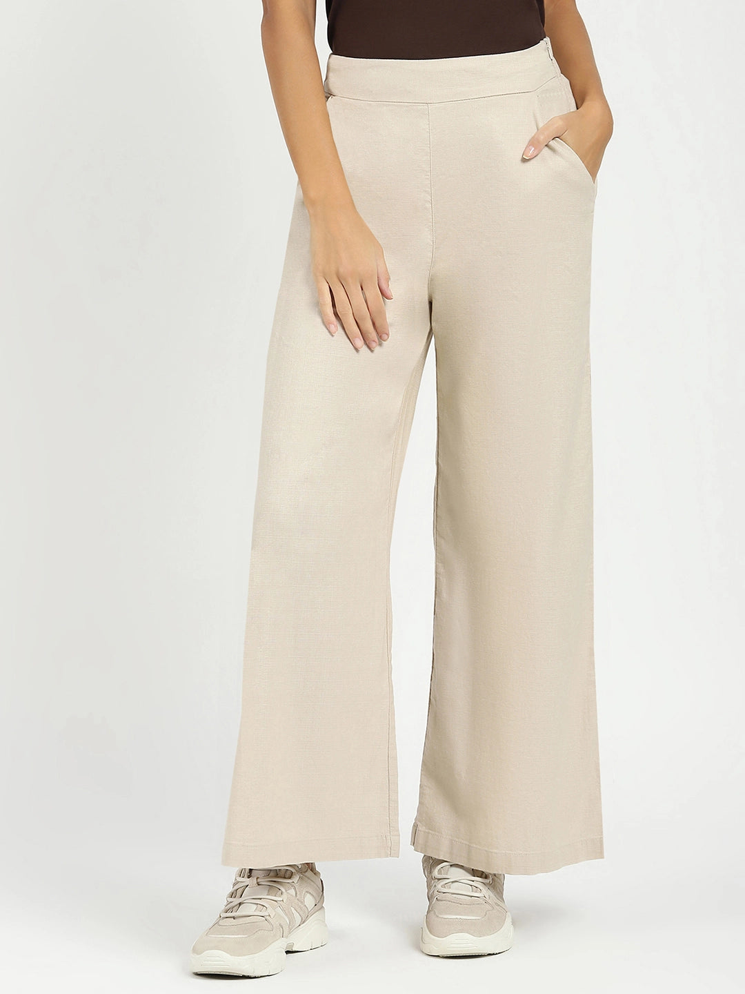 Beige Solid Cotton Blend Trousers - Global Republic