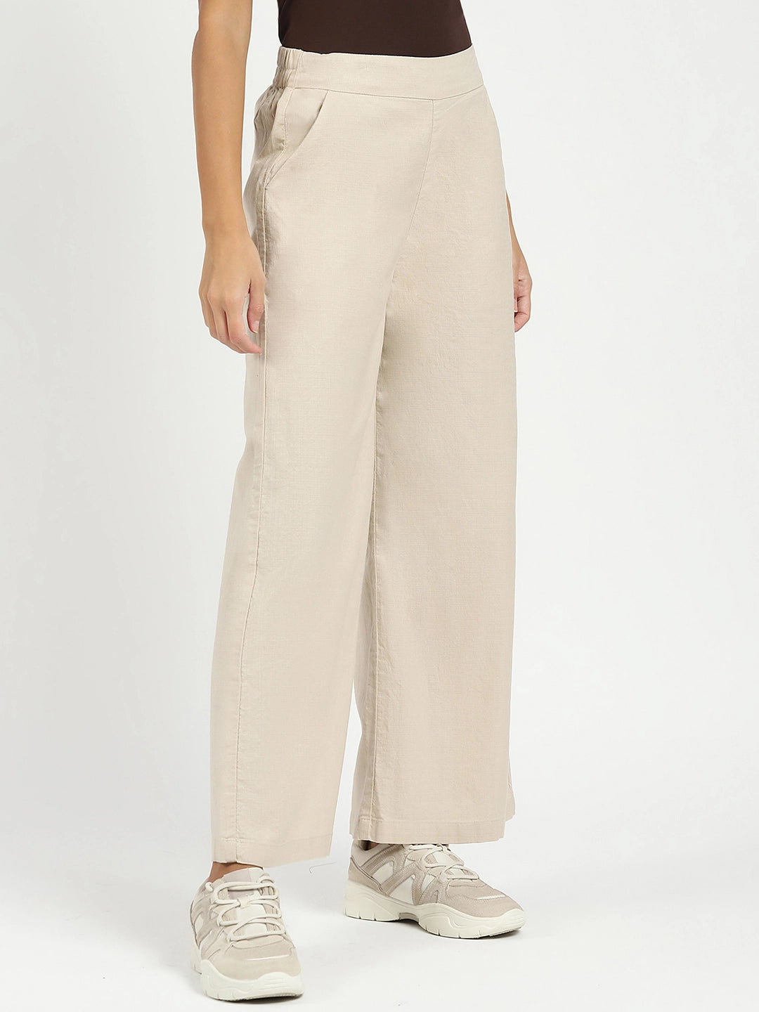 Beige Solid Cotton Blend Trousers - Global Republic
