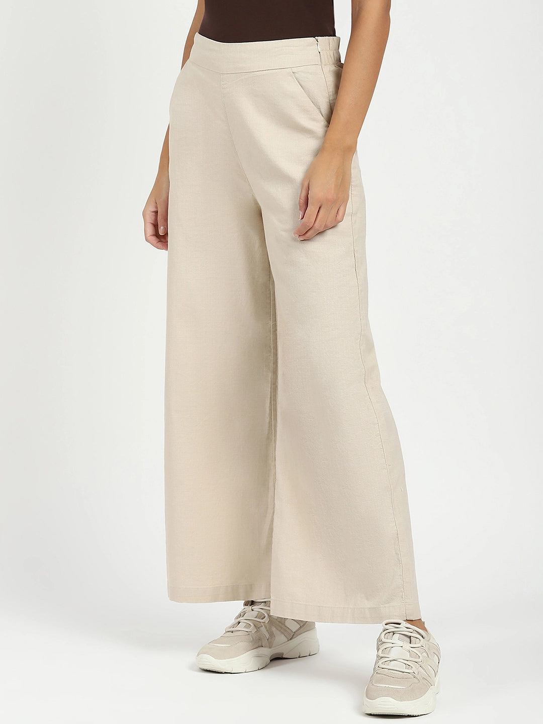 Beige Solid Cotton Blend Trousers - Global Republic