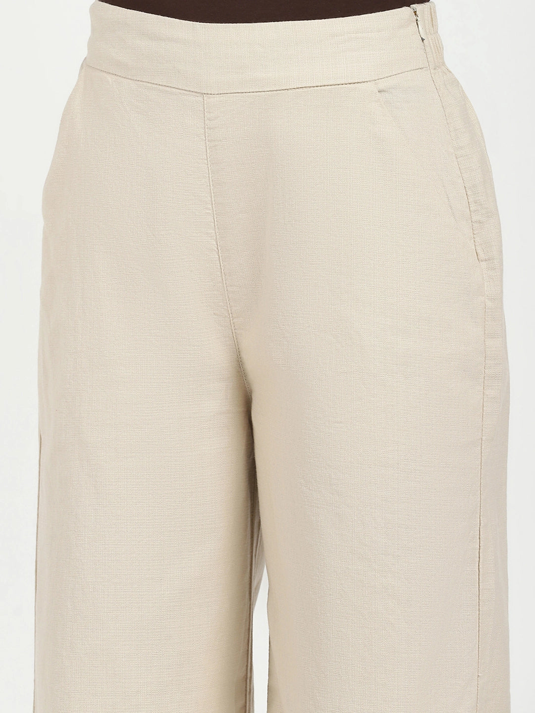 Beige Solid Cotton Blend Trousers - Global Republic