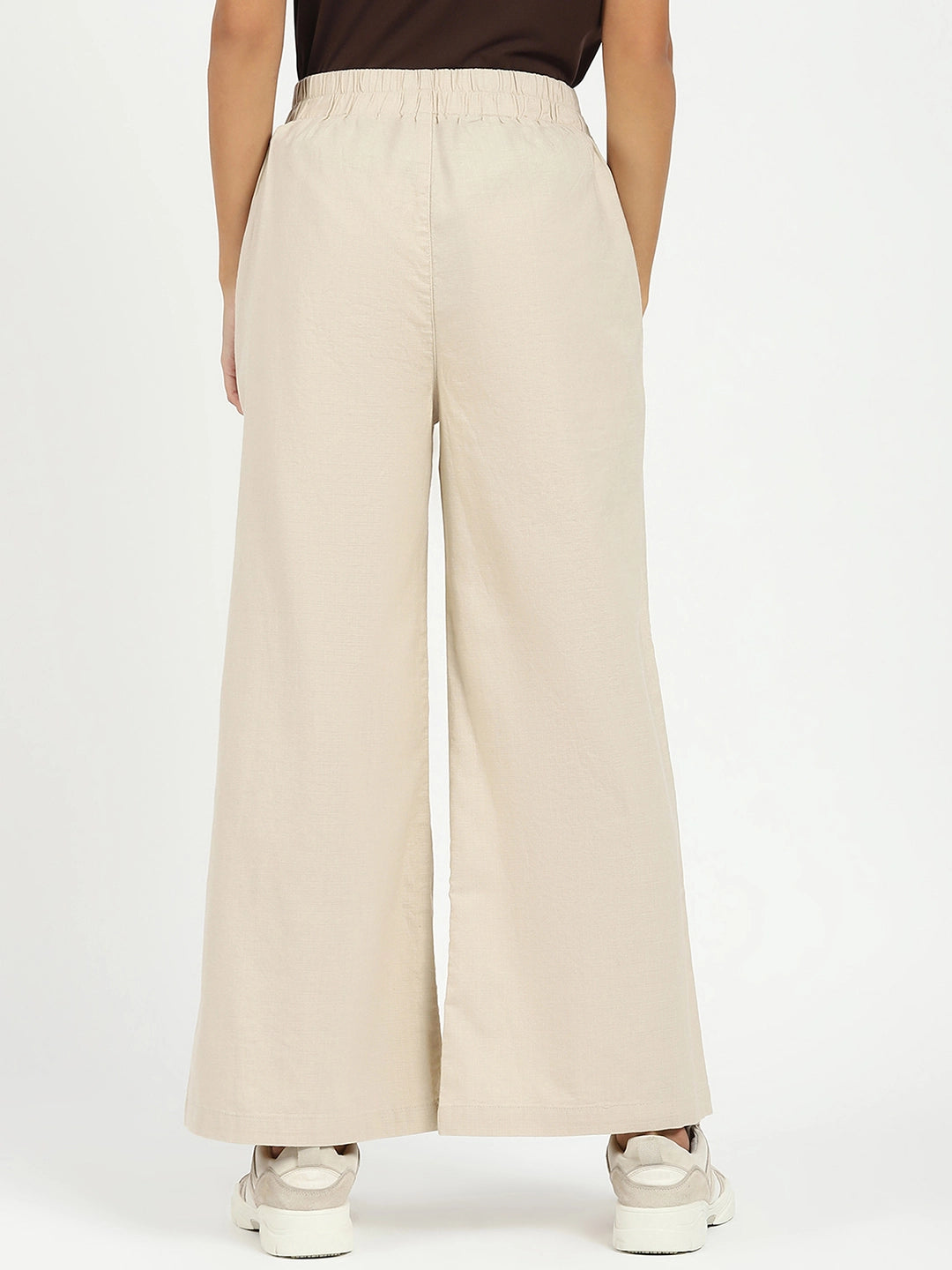 Beige Solid Cotton Blend Trousers - Global Republic