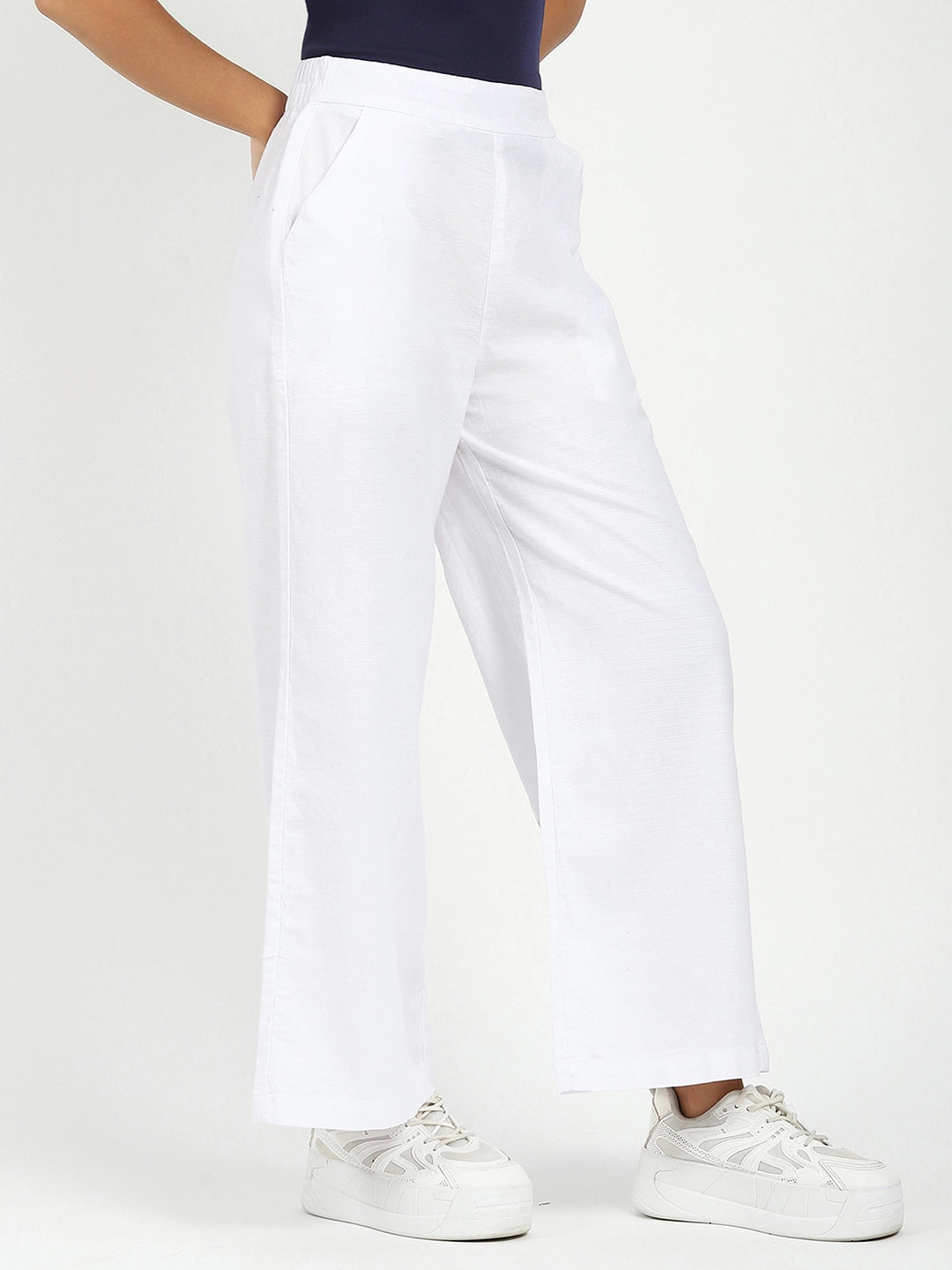 White Solid Cotton Blend Trousers - Global Republic