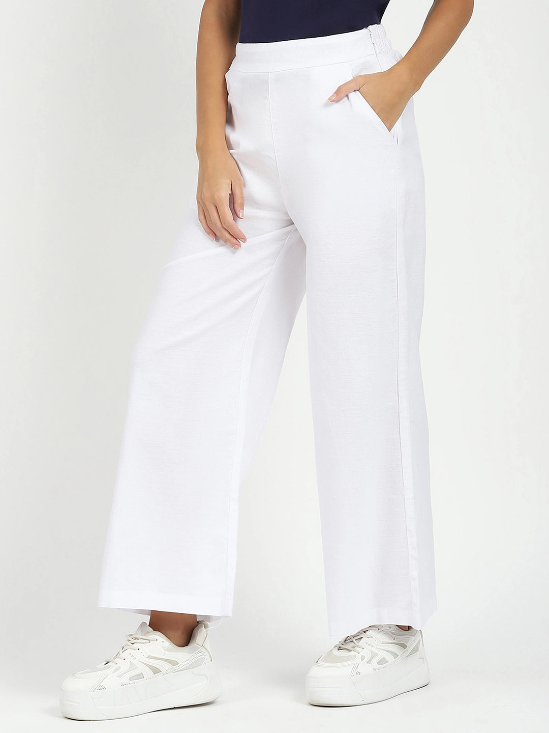 White Solid Cotton Blend Trousers - Global Republic