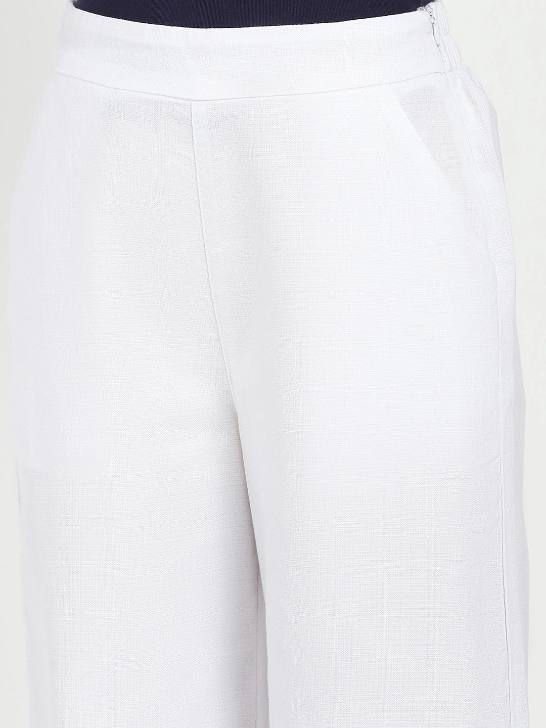 White Solid Cotton Blend Trousers - Global Republic
