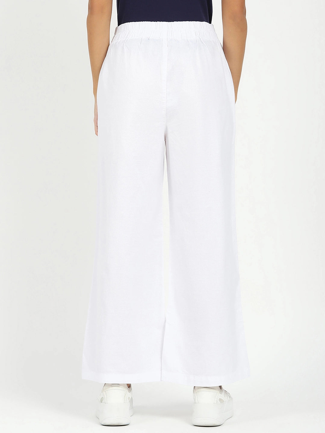 White Solid Cotton Blend Trousers - Global Republic