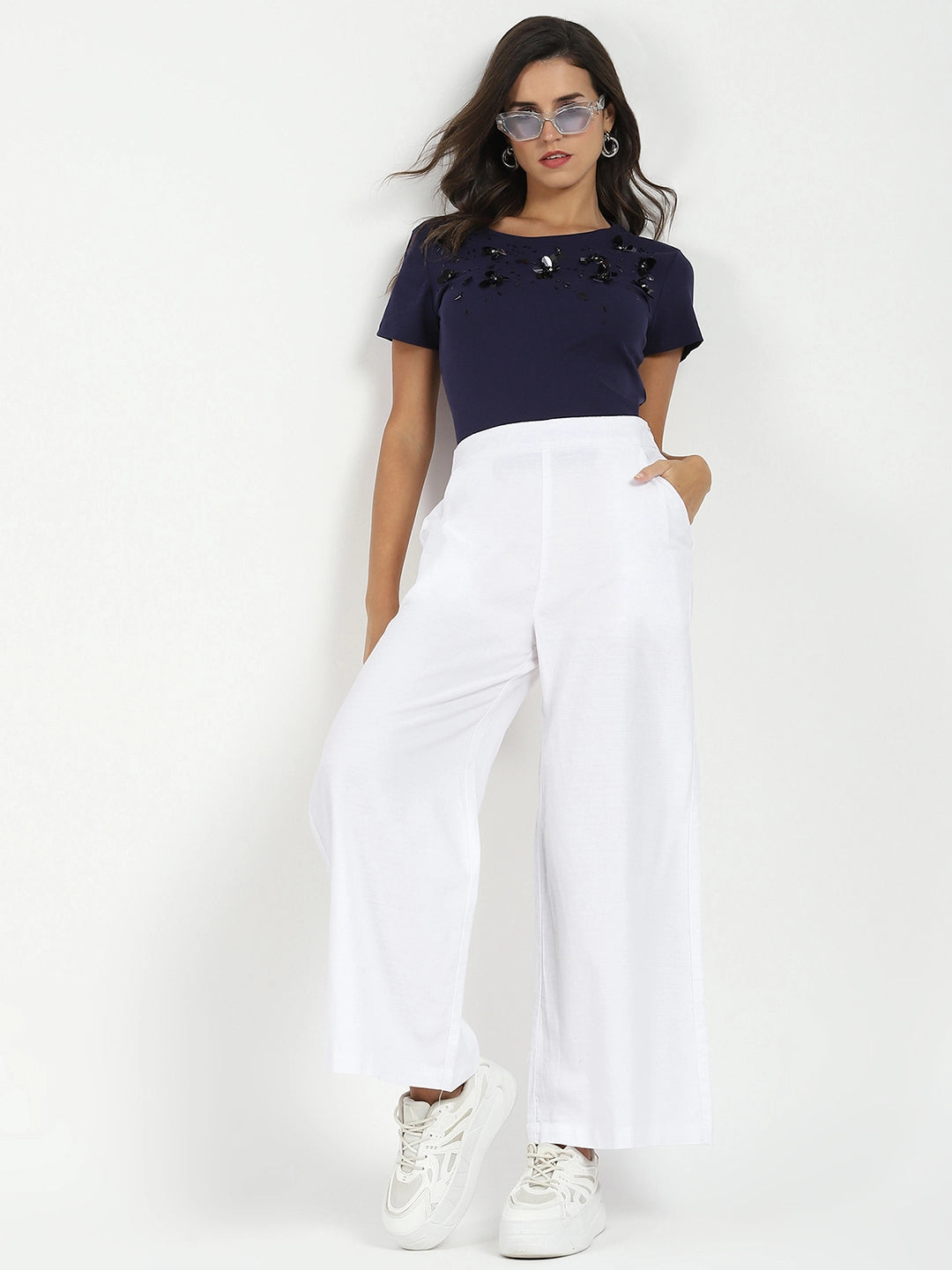 White Solid Cotton Blend Trousers - Global Republic