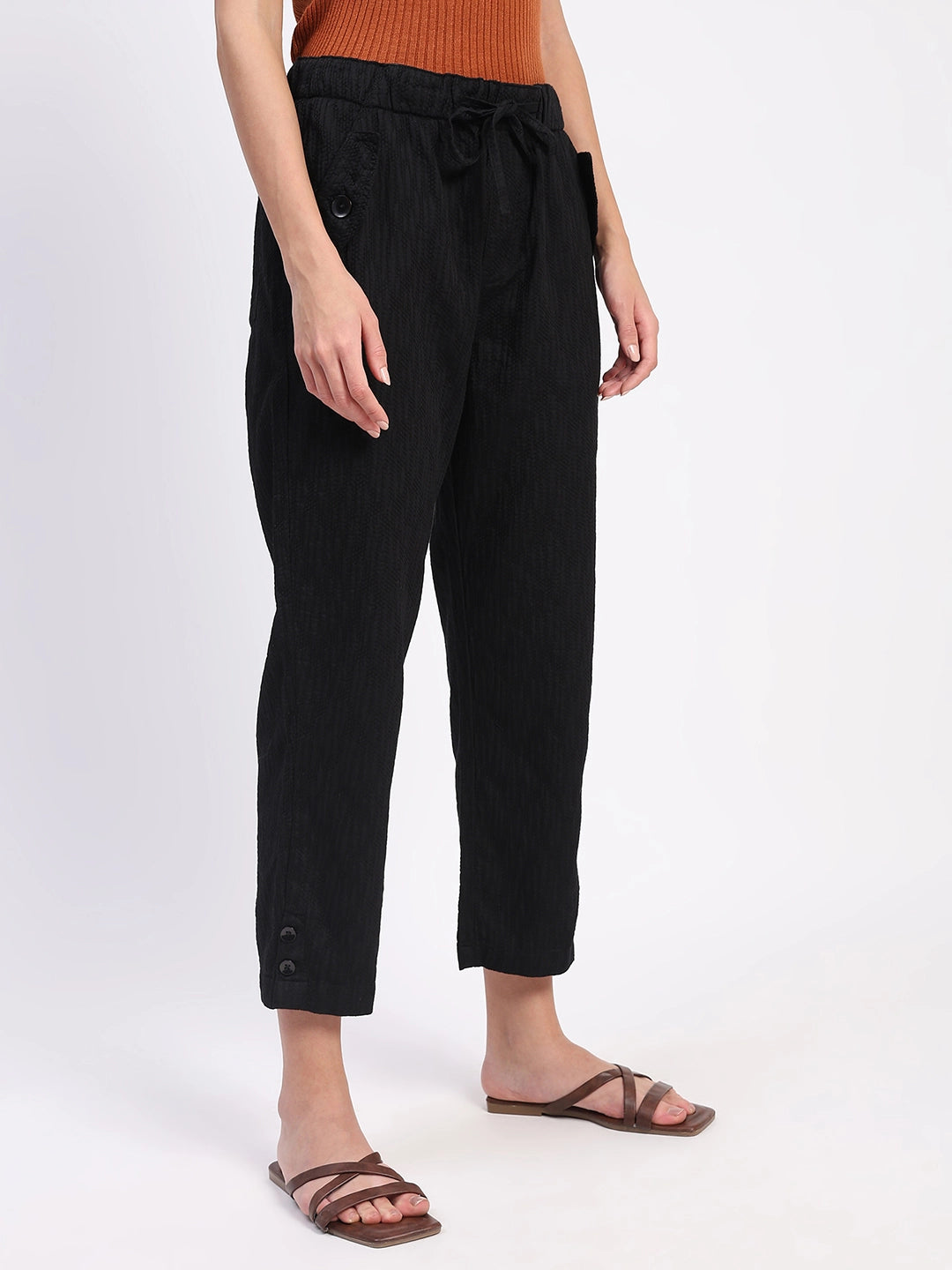 Black Embroidered Cotton Ankle Lower - Global Republic