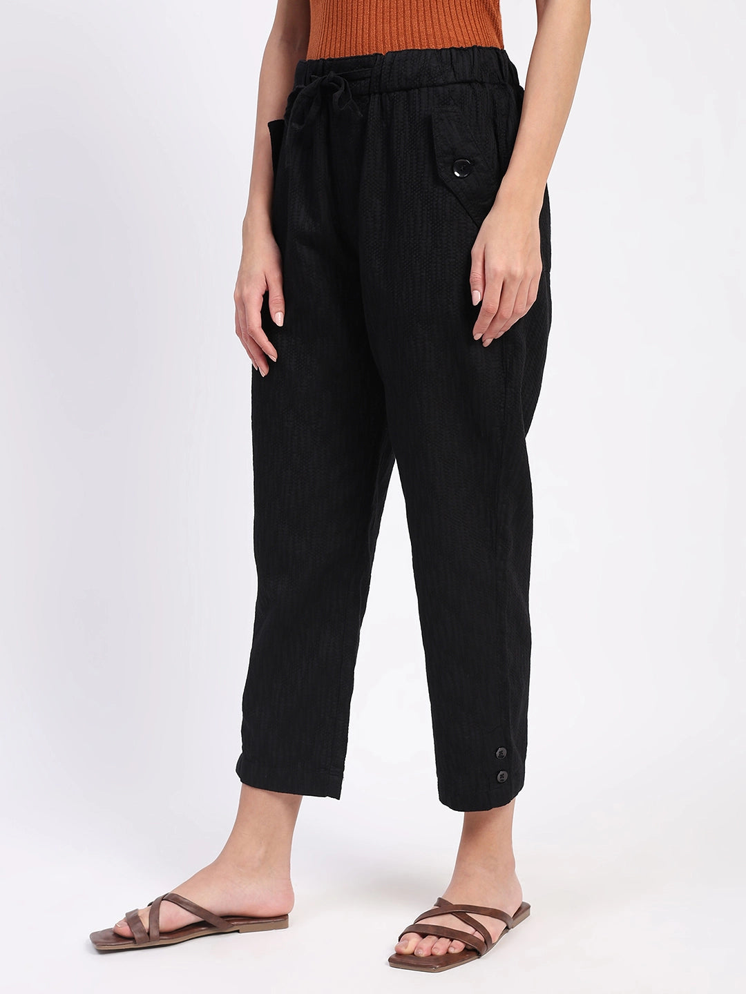 Black Embroidered Cotton Ankle Lower - Global Republic