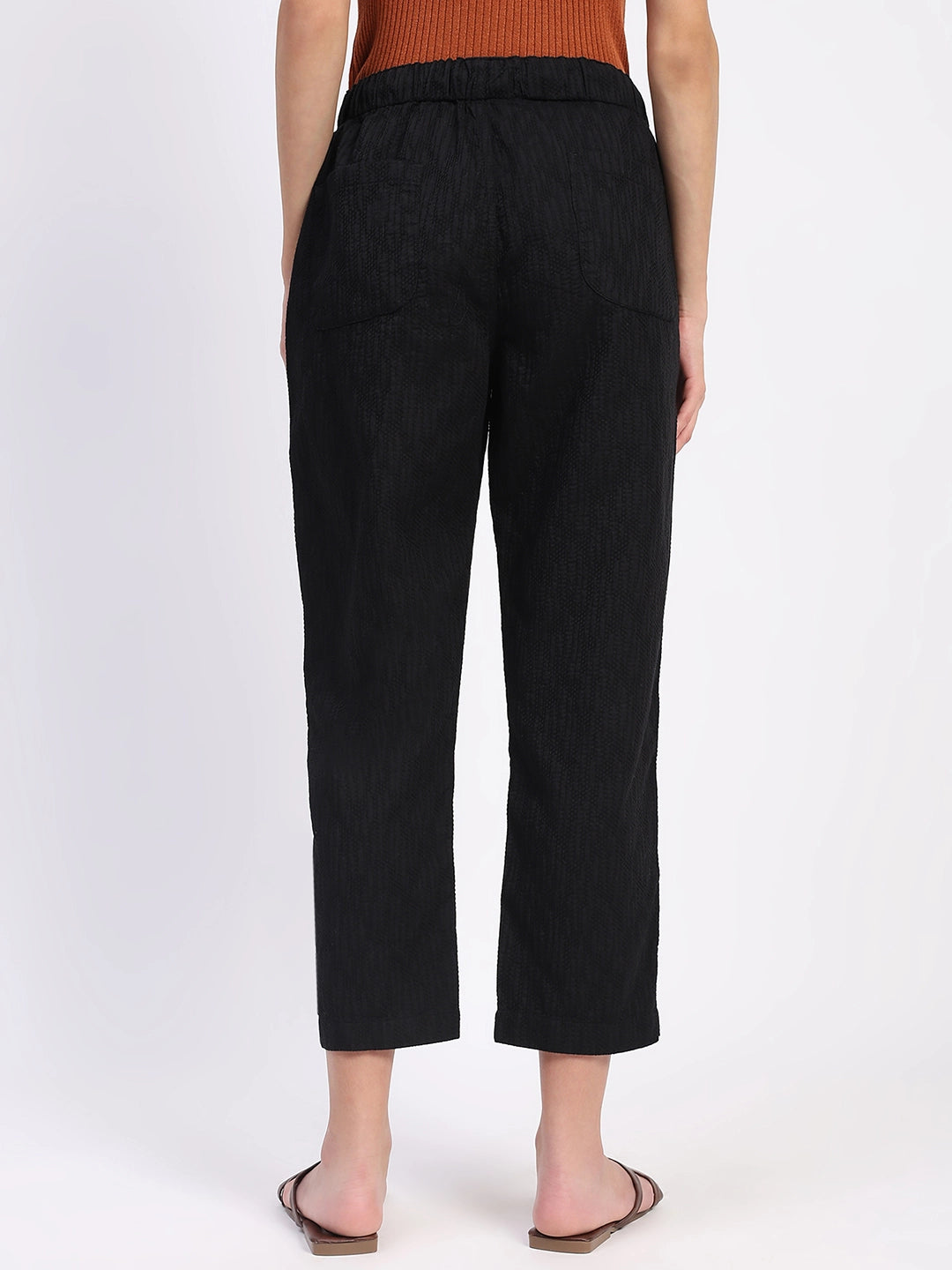 Black Embroidered Cotton Ankle Lower - Global Republic