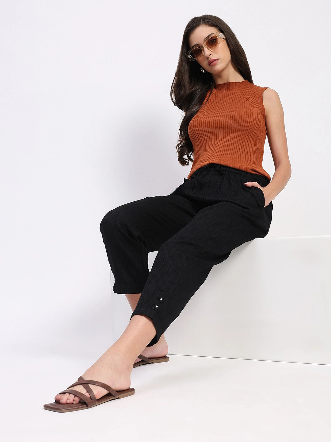 Black Embroidered Cotton Ankle Lower - Global Republic