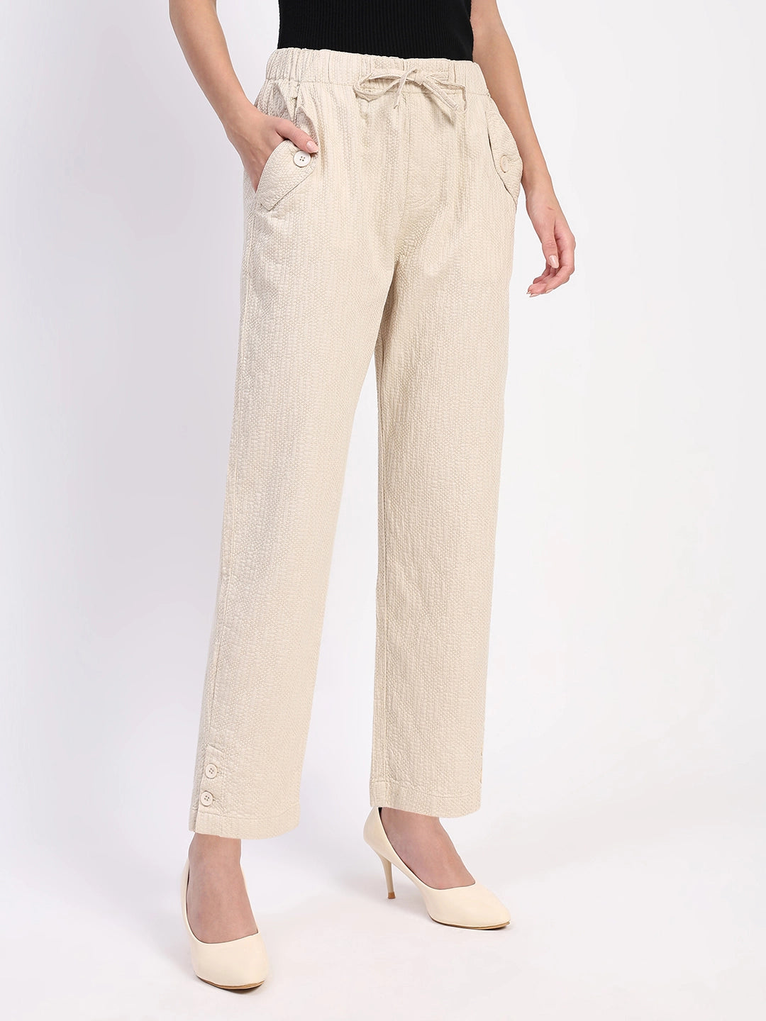 Beige Embroidered Cotton Ankle Lower - Global Republic