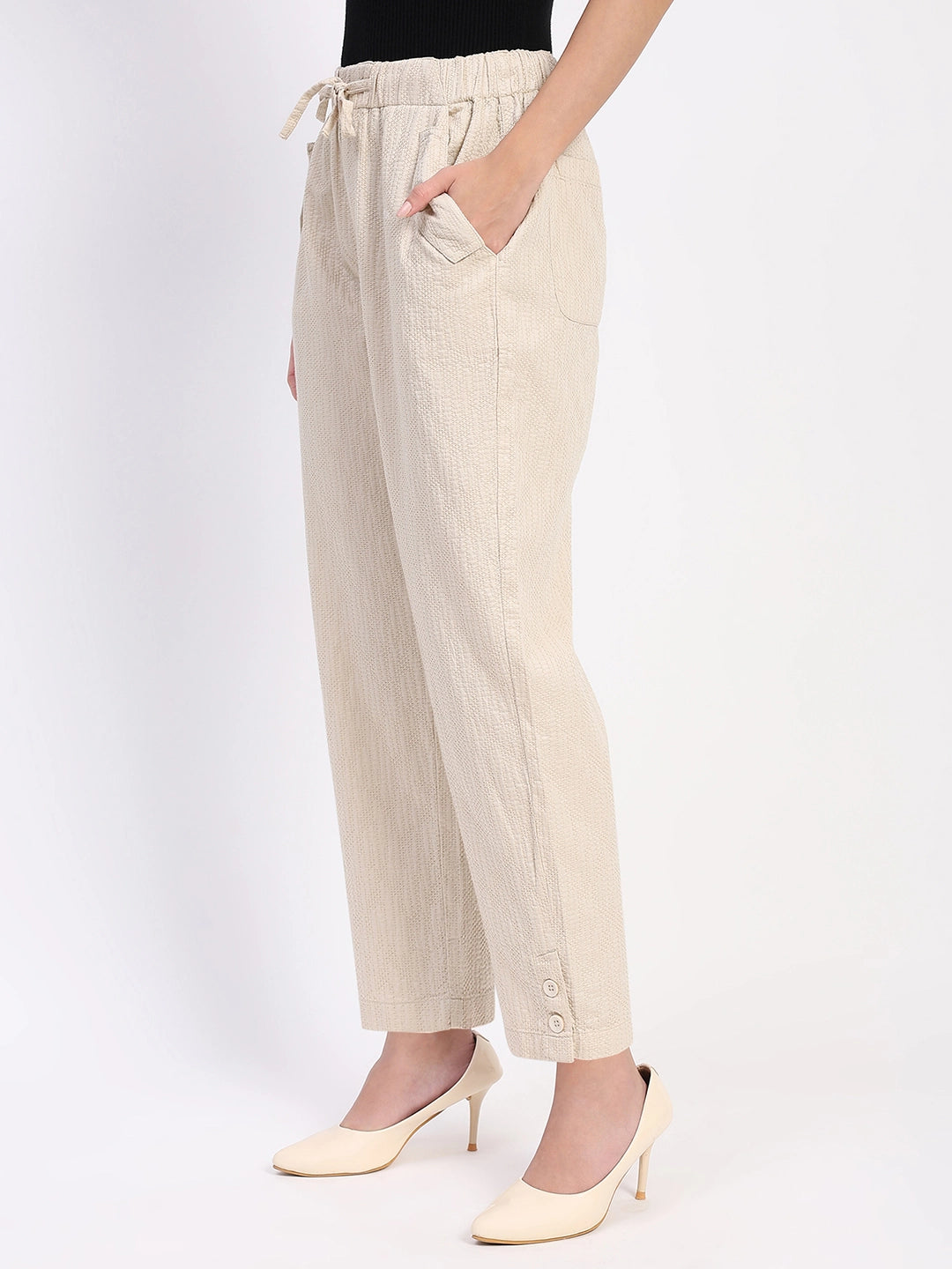 Beige Embroidered Cotton Ankle Lower - Global Republic