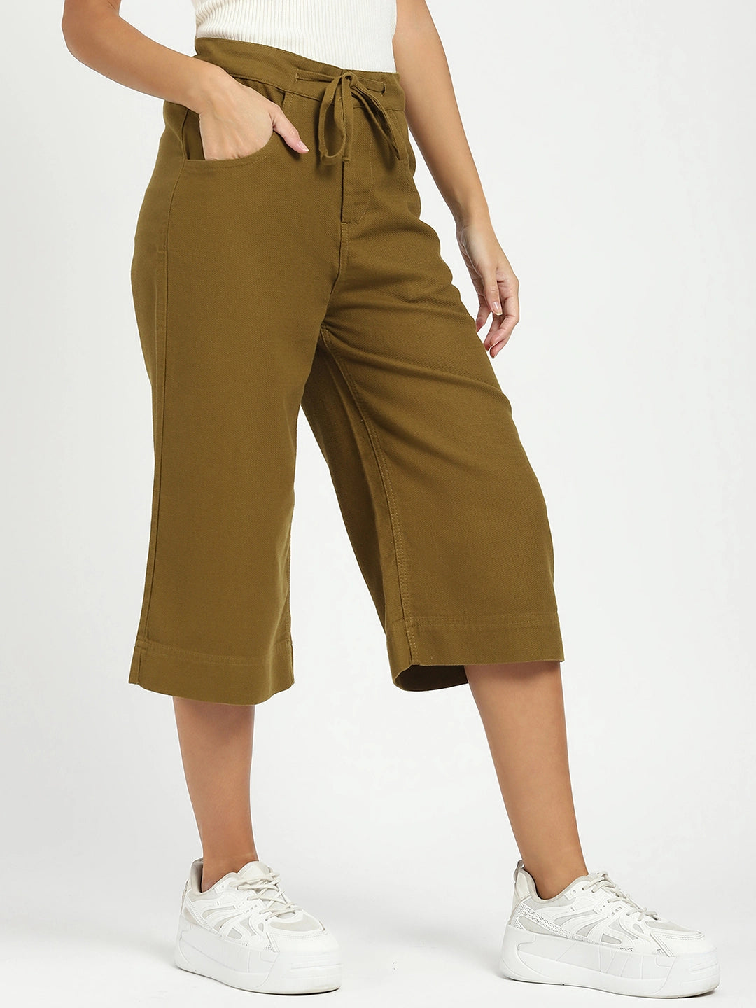 Olive Cotton Relaxed Fit Culottes - Global Republic