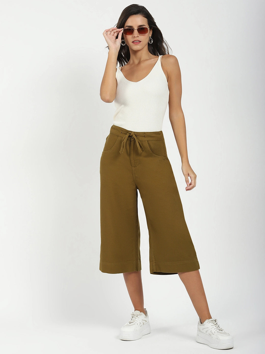 Olive Cotton Relaxed Fit Culottes - Global Republic