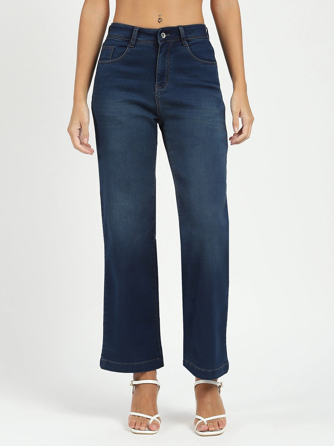Blue Solid High Waist Straight Jeans - Global Republic