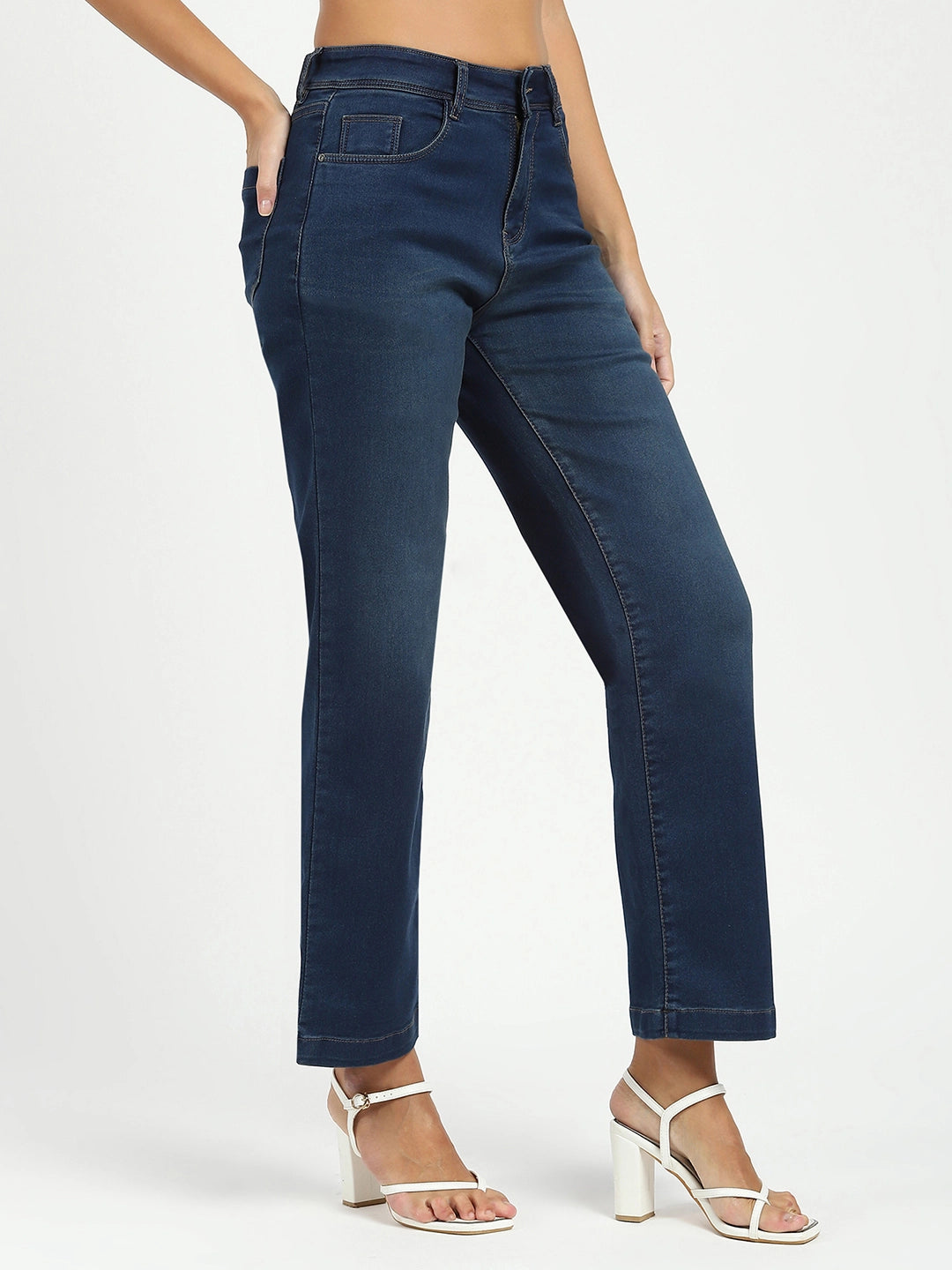 Blue Solid High Waist Straight Jeans - Global Republic
