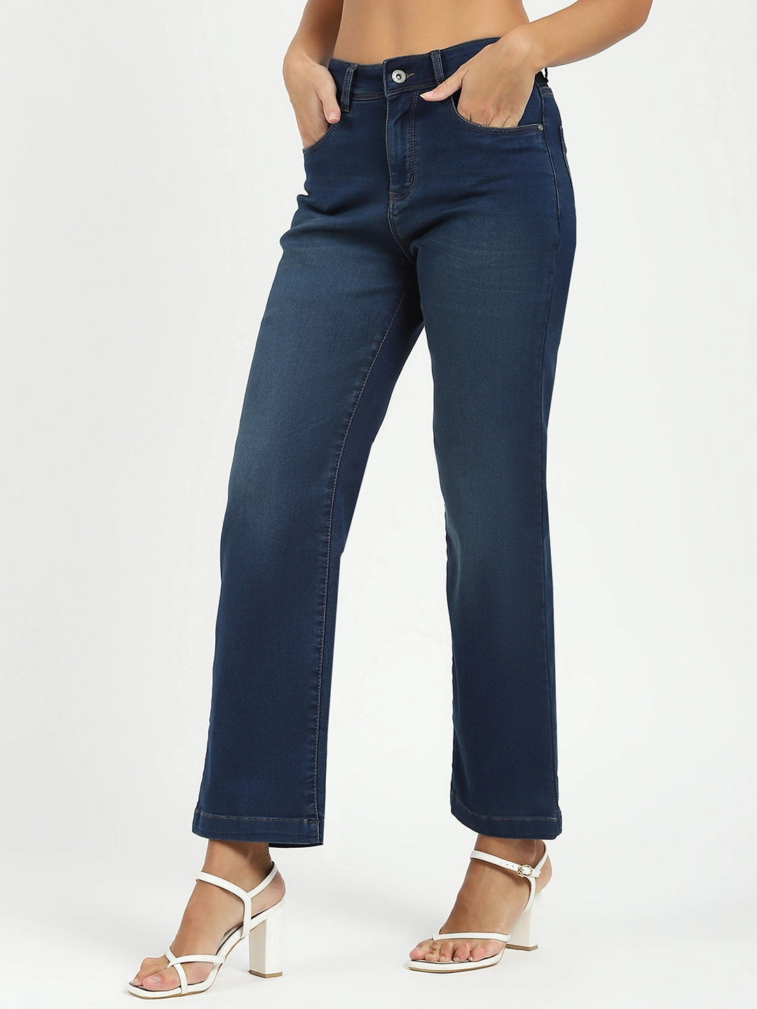 Blue Solid High Waist Straight Jeans - Global Republic