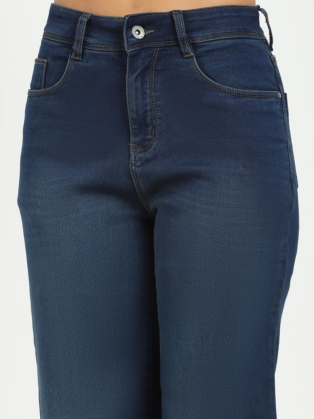 Blue Solid High Waist Straight Jeans - Global Republic