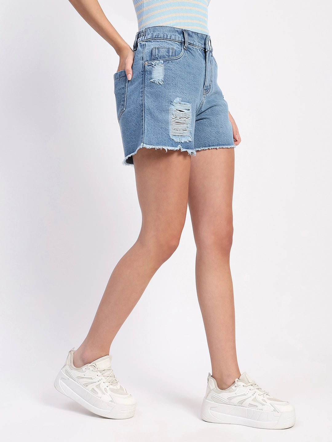 High-Waist Distressed Denim Mini Shorts - Global Republic