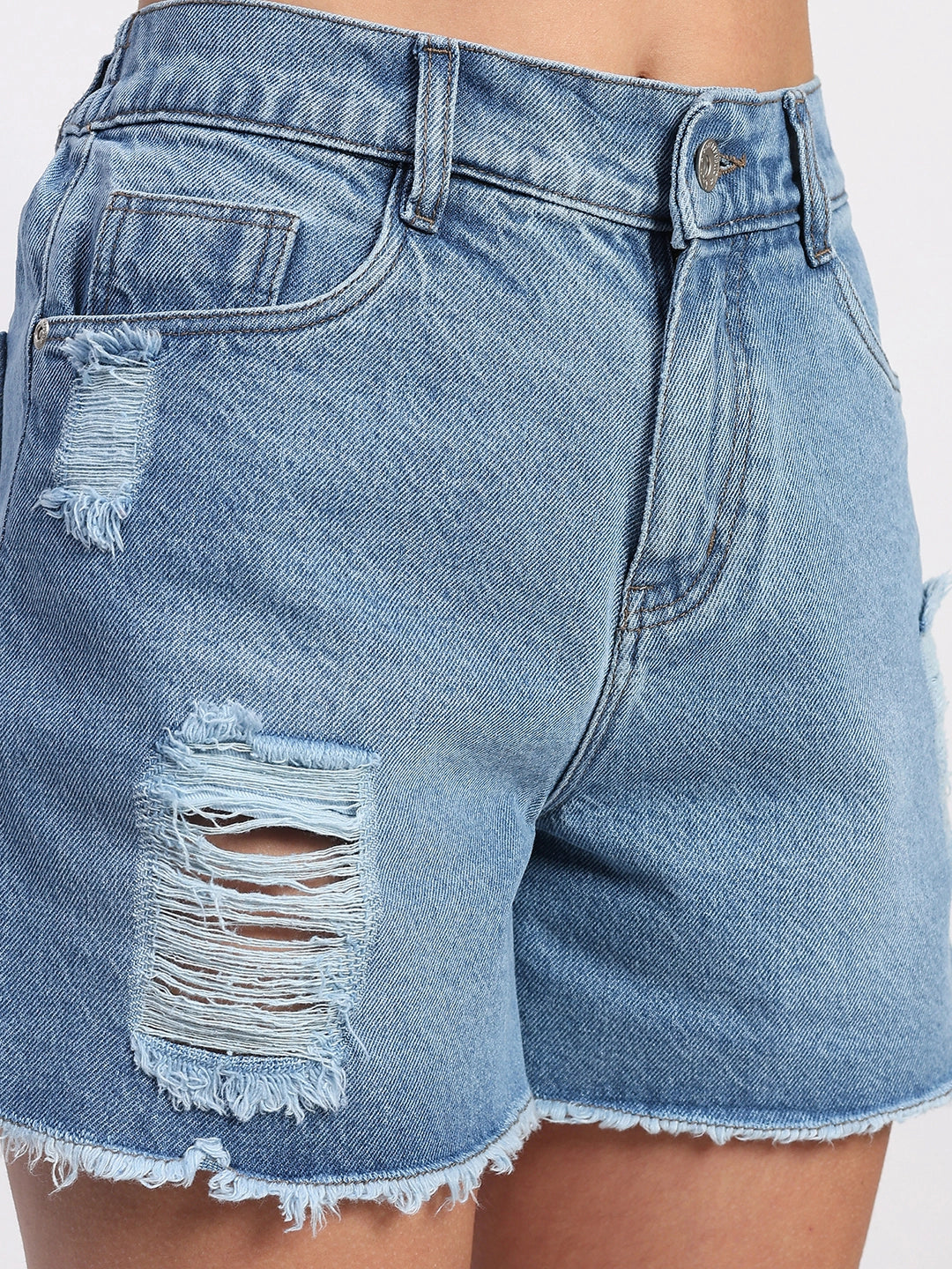 High-Waist Distressed Denim Mini Shorts - Global Republic