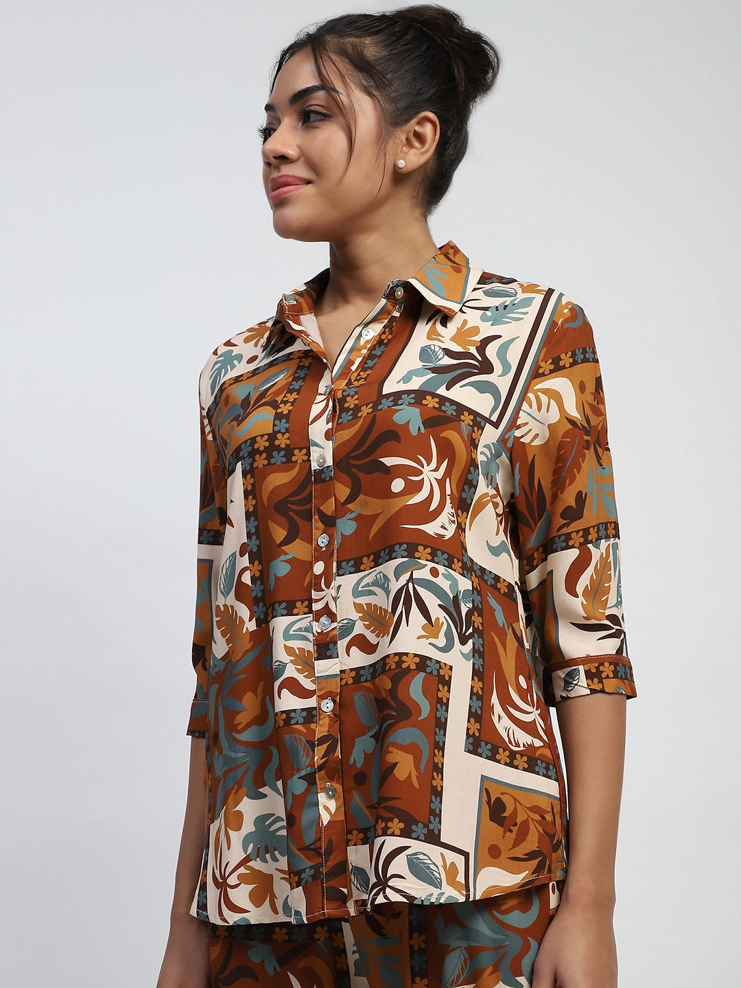Brown Digital Print Rayon Loose Fit Shirt - Global Republic