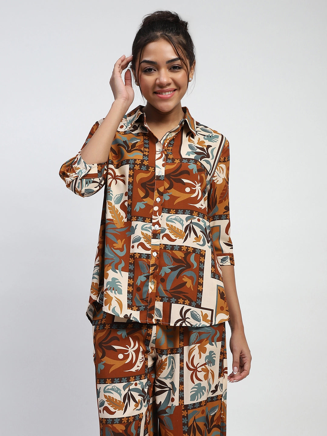 Brown Digital Print Rayon Loose Fit Shirt - Global Republic