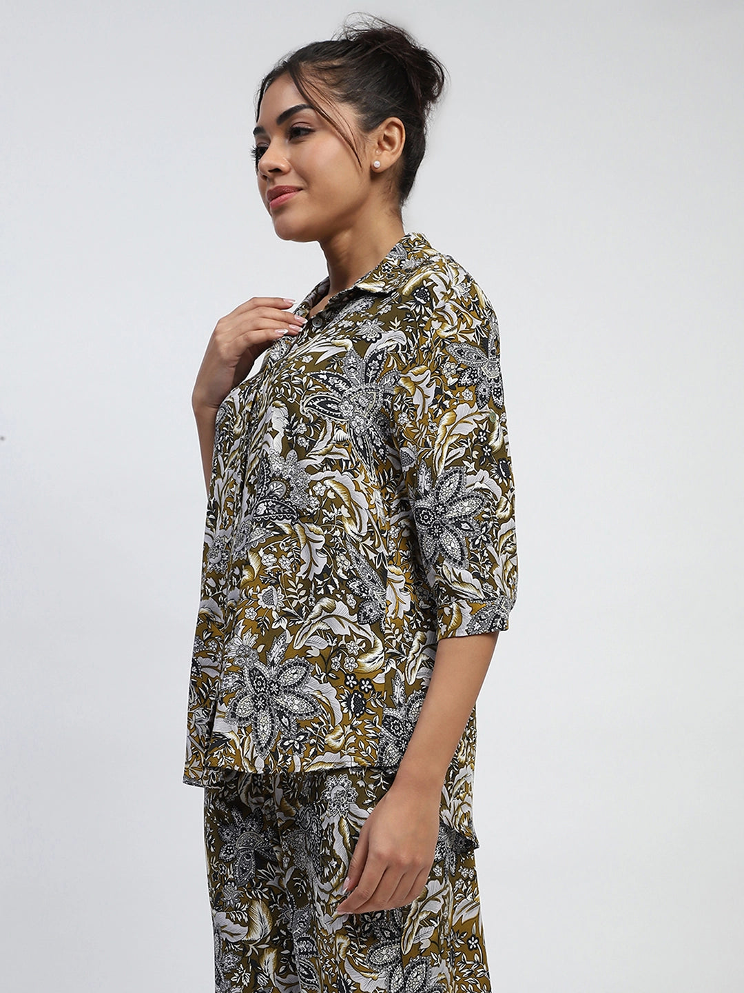 Olive Floral Print Rayon Loose Fit Shirt - Global Republic