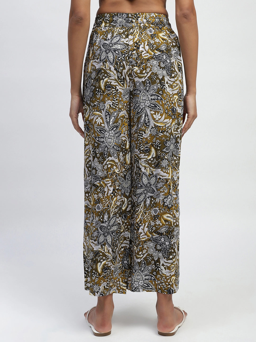 Olive Floral Print Rayon Loose Fit Lower - Global Republic