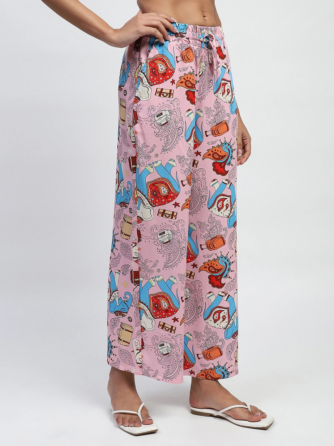 Pink Graphic Print Rayon Loose Fit Lower - Global Republic