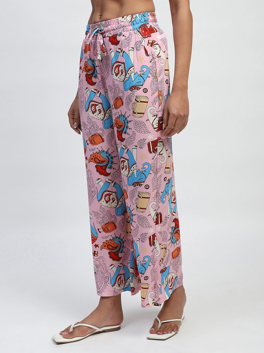 Pink Graphic Print Rayon Loose Fit Lower - Global Republic