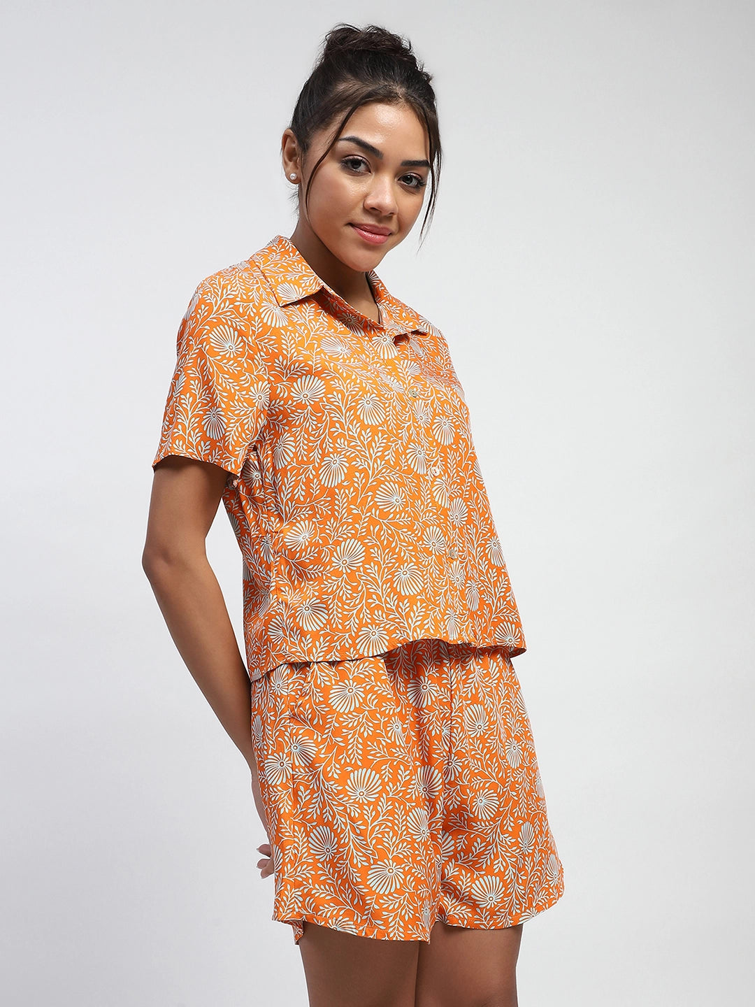 Orange Floral Print Rayon Loose Fit Shirt - Global Republic