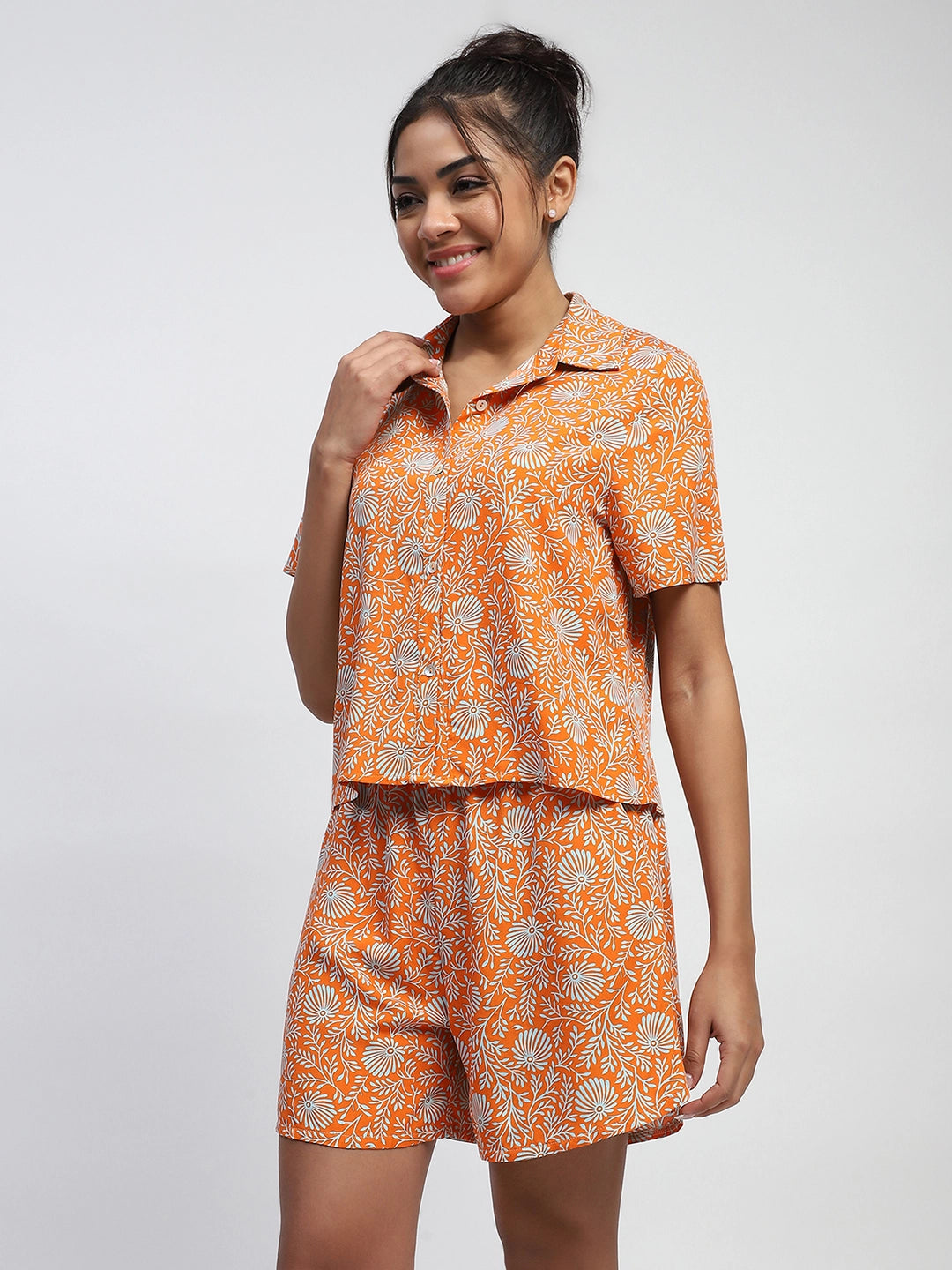 Orange Floral Print Rayon Loose Fit Shirt - Global Republic