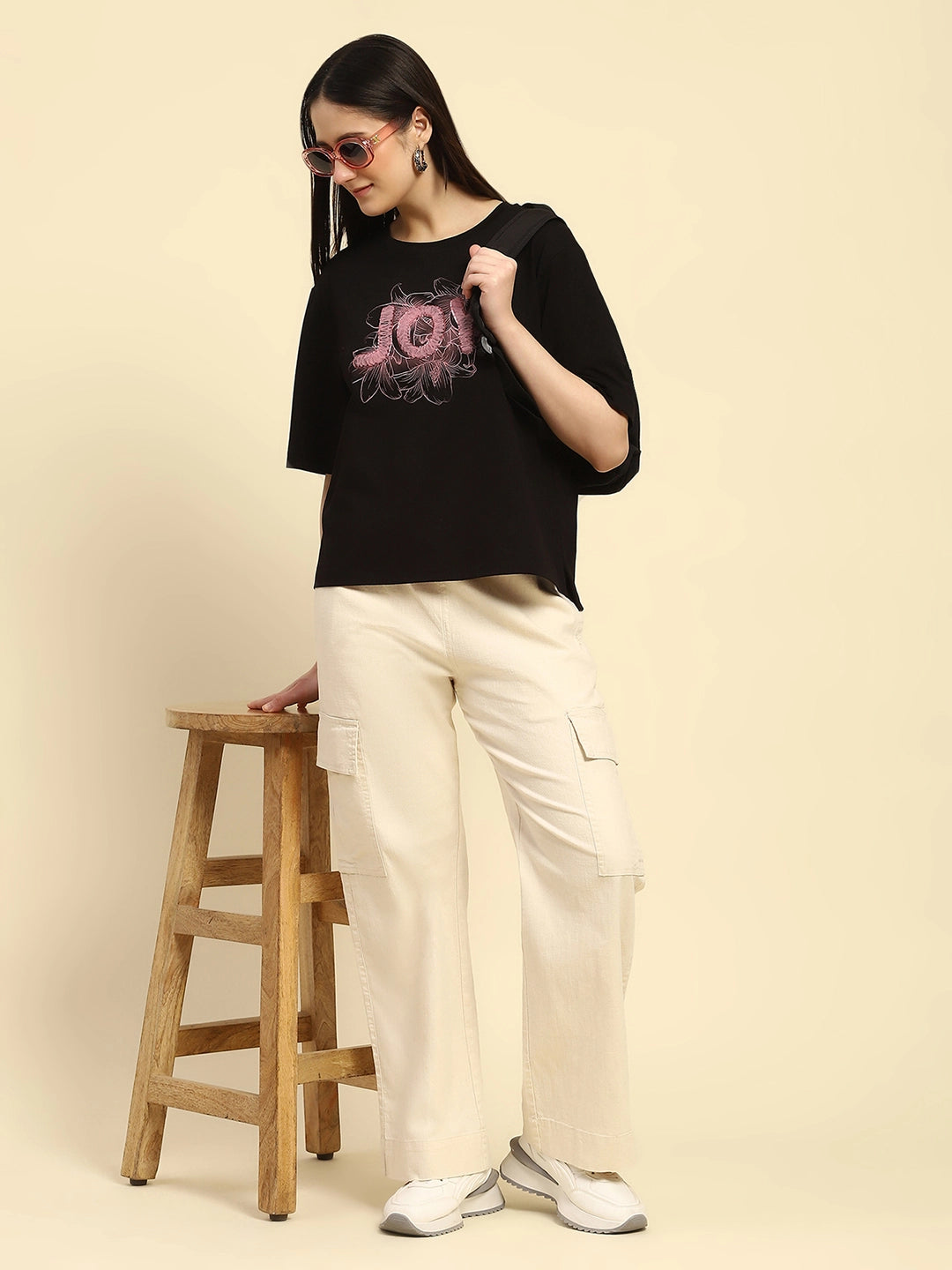 Black Embroidered Cotton Boxy Top - Global Republic