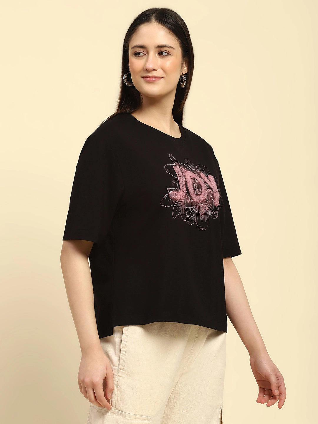 Black Embroidered Cotton Boxy Top - Global Republic