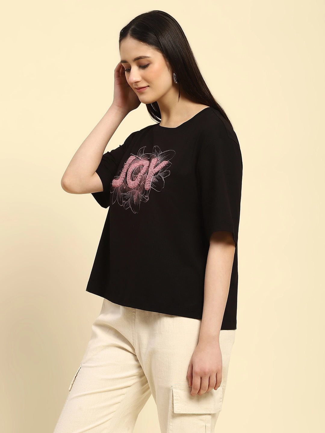 Black Embroidered Cotton Boxy Top - Global Republic