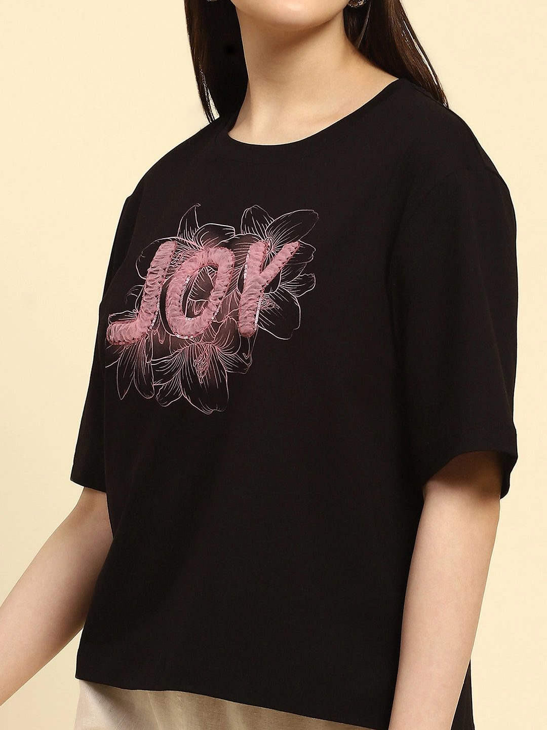 Black Embroidered Cotton Boxy Top - Global Republic