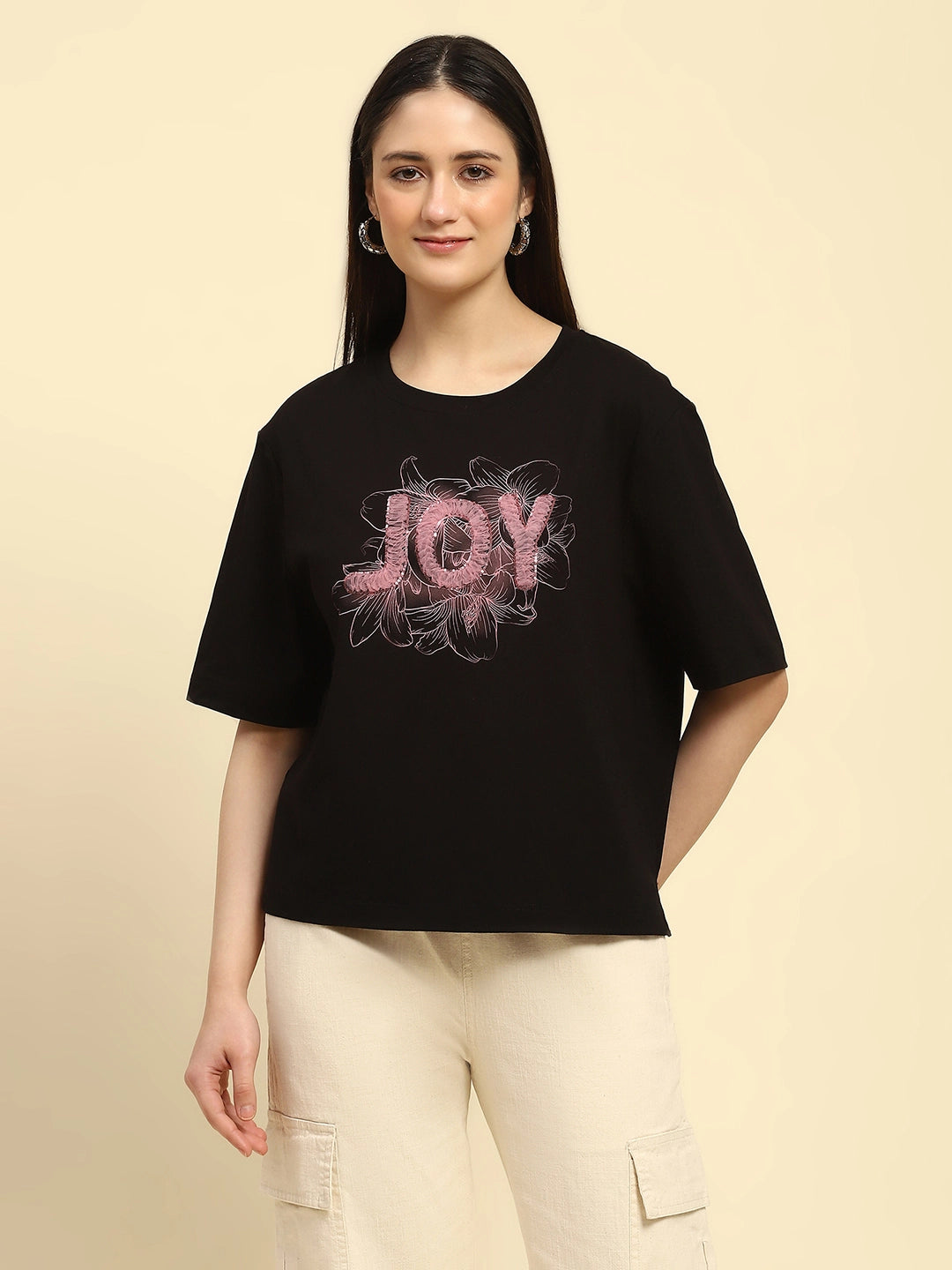 Black Embroidered Cotton Boxy Top - Global Republic