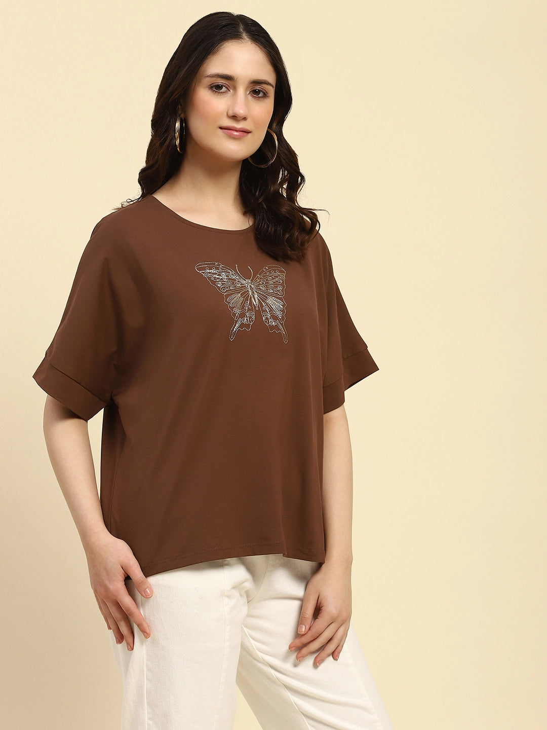 Brown Embroidered Cotton Boxy Top - Global Republic