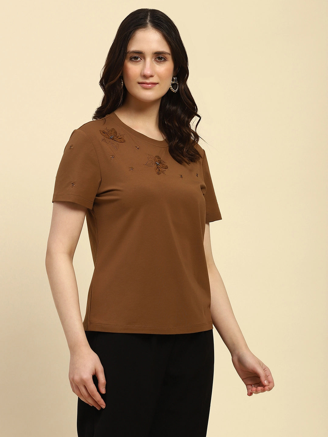 Brown Embroidered Modal Top - Global Republic