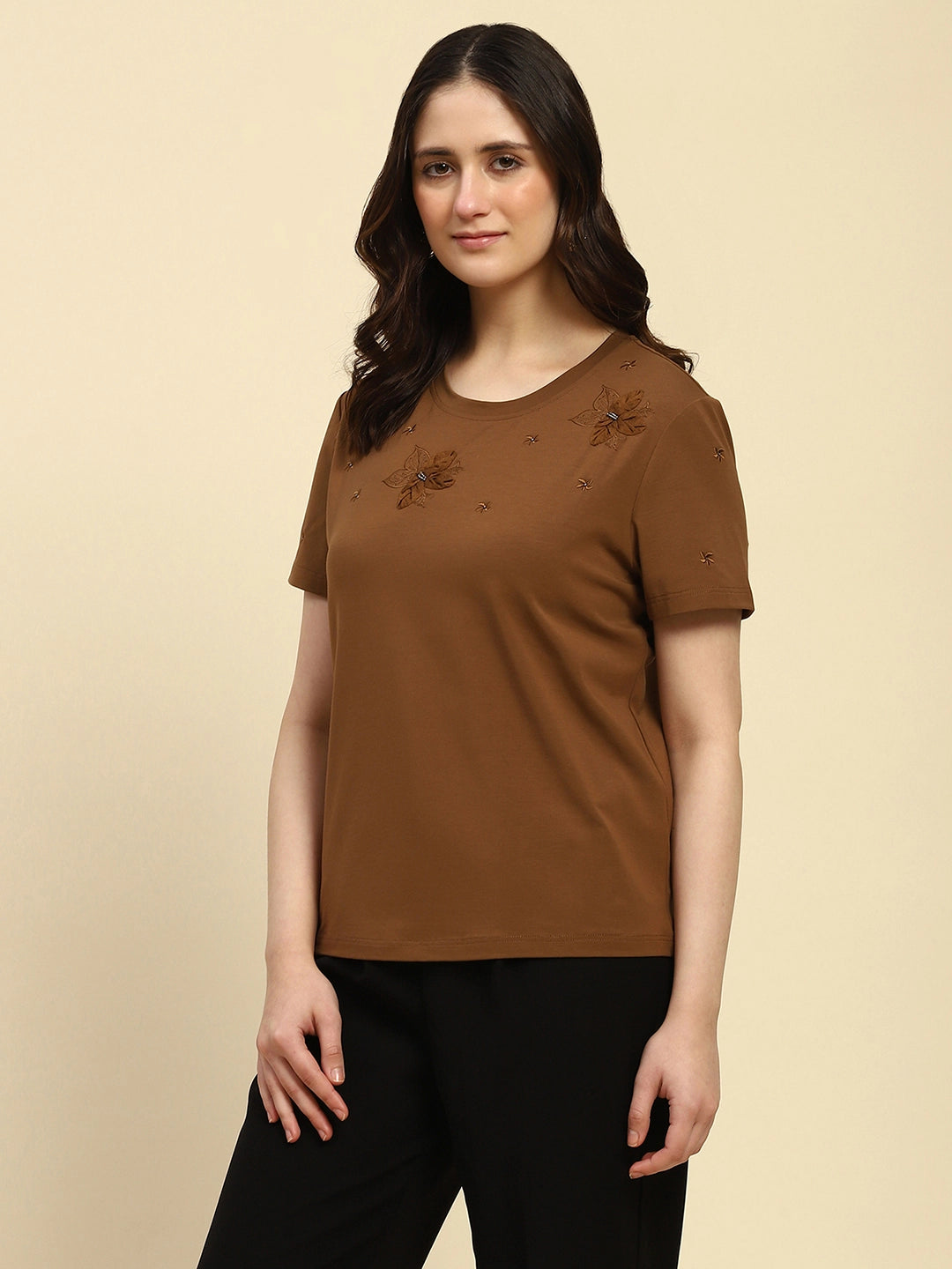 Brown Embroidered Modal Top - Global Republic