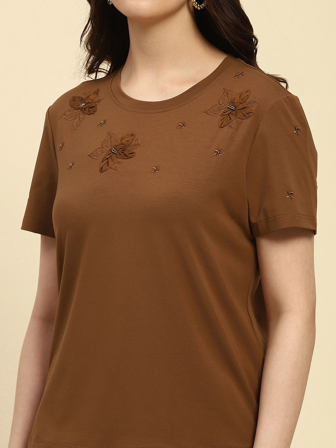 Brown Embroidered Modal Top - Global Republic