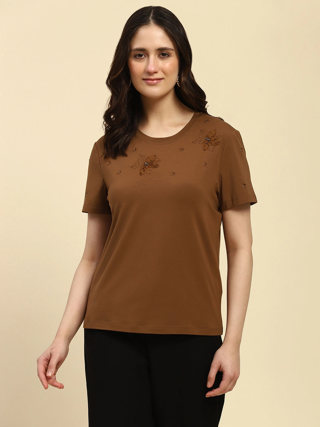 Brown Embroidered Modal Top - Global Republic