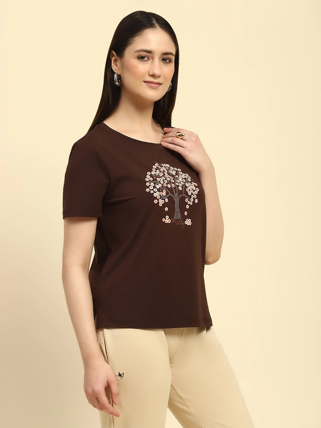 Brown Modal Embroidered Top - Global Republic