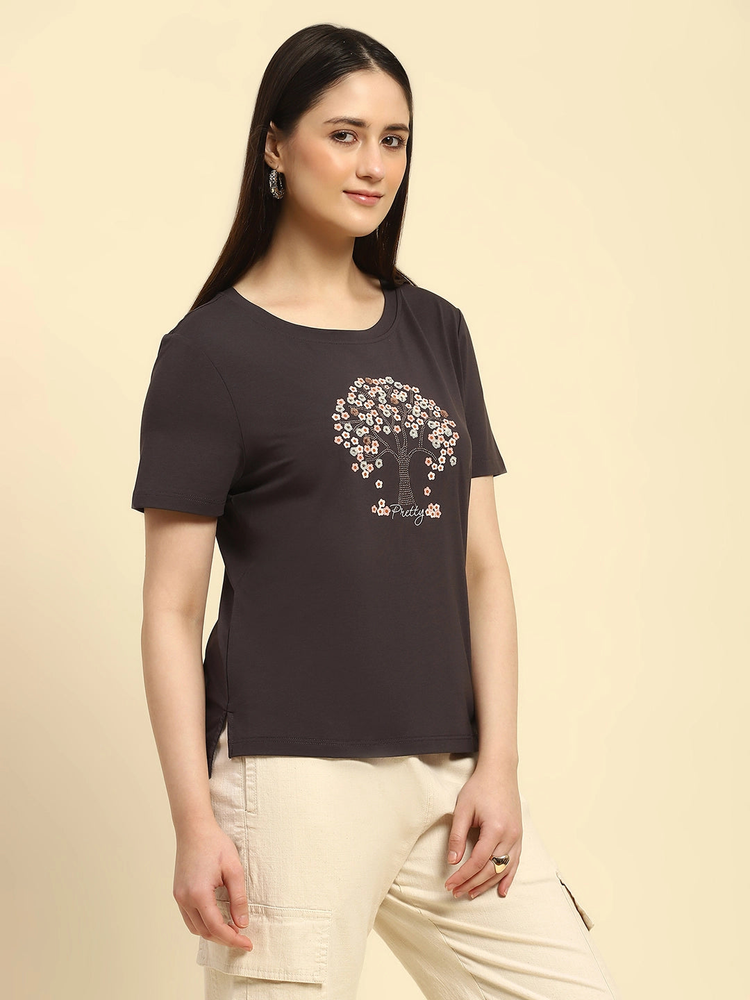 Grey Embellished Modal Blend Top - Global Republic