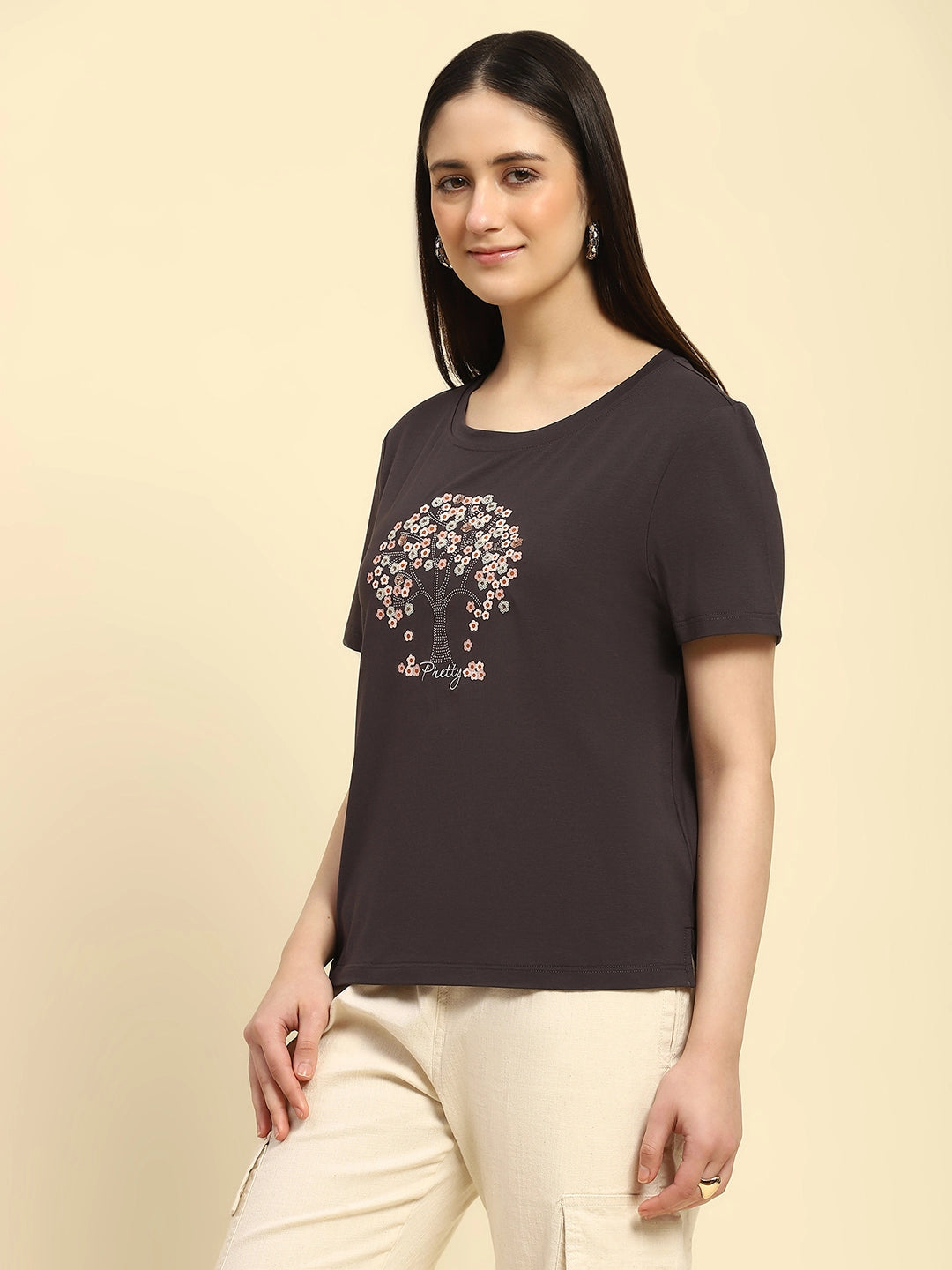 Grey Embellished Modal Blend Top - Global Republic