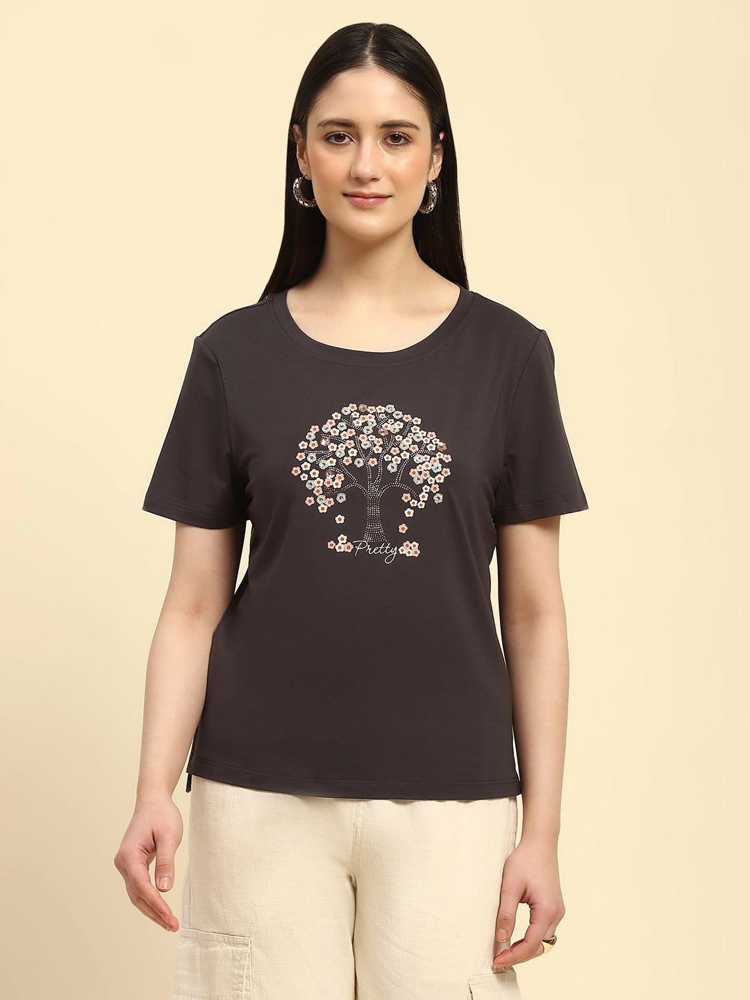 Grey Embellished Modal Blend Top - Global Republic