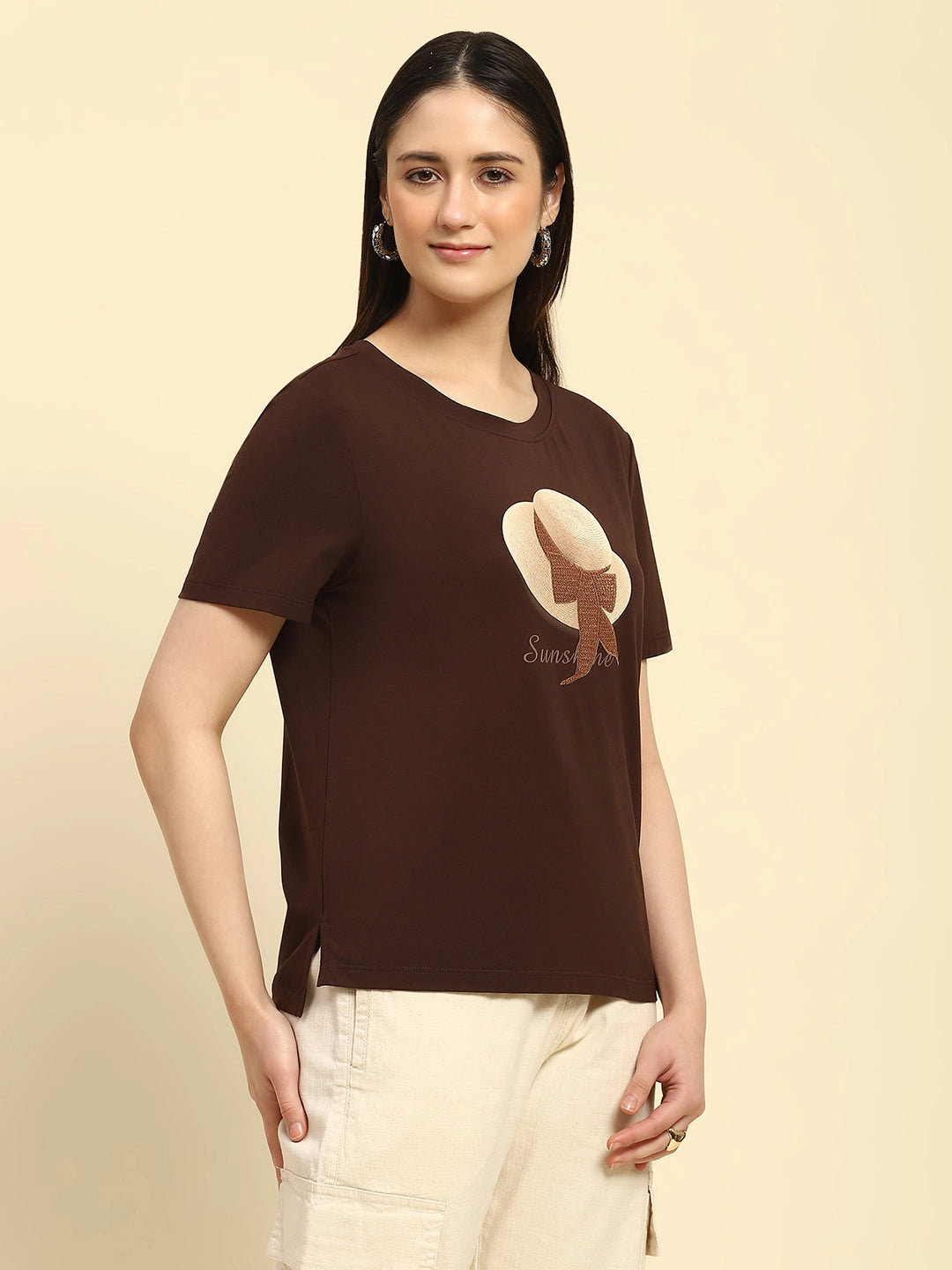 Brown Embroidered Modal Relaxed Fit Top - Global Republic