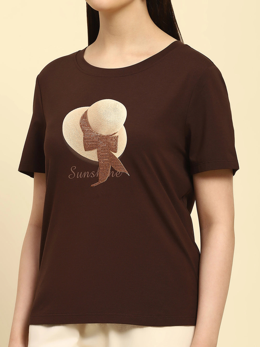 Brown Embroidered Modal Relaxed Fit Top - Global Republic