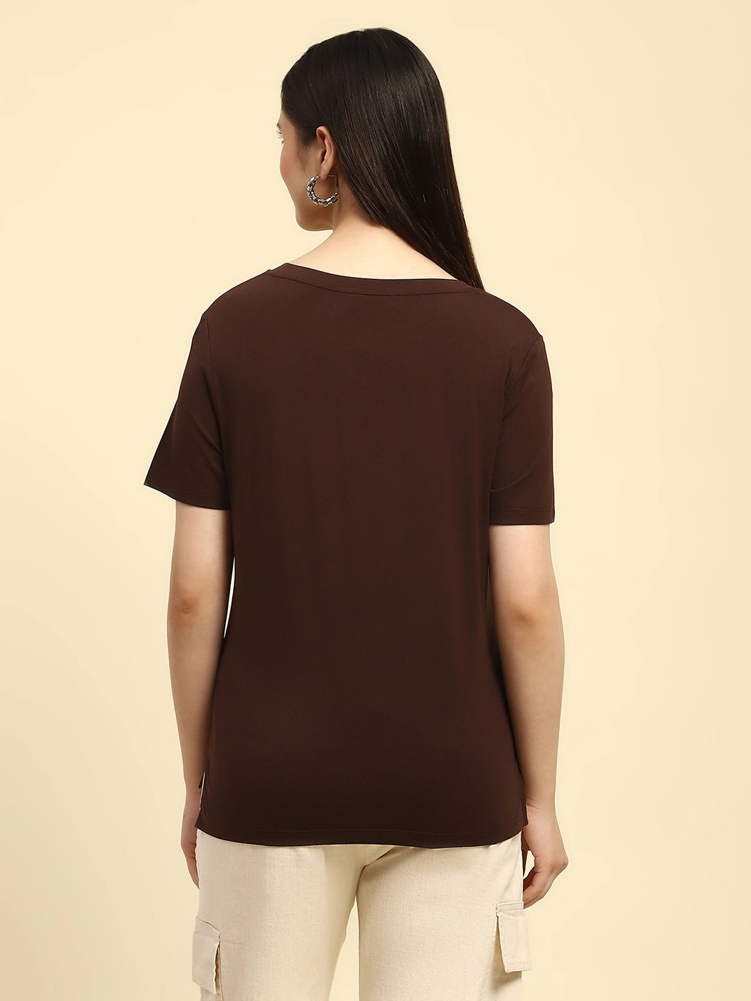Brown Embroidered Modal Relaxed Fit Top - Global Republic